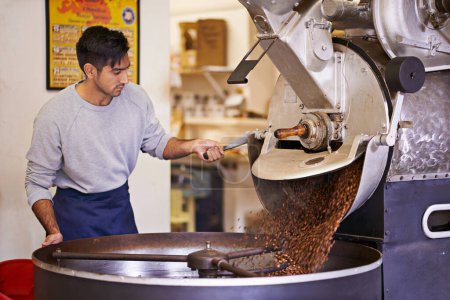 Coffee beans, process and man with machine for roasting with blending, production and quality control. Entrepreneur, barista or espresso roaster at cafe, sustainable startup shop and small business.
