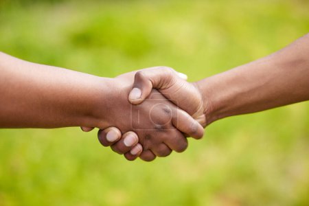 Photo for Support, handshake and teamwork people outdoor collaboration for team building, solidarity and unity. Hands, partnership or welcome in nature for thank you, greeting or introduction to business. - Royalty Free Image