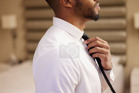 Photo for Business man, tie and fashion style in home, consultant and employee dressing for work in profile. Male person, professional and prepare outfit or clothes, morning and trendy suit or formal clothing. - Royalty Free Image