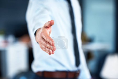 Photo for Handshake, greeting and businessman stretching hand in office for welcome, b2b deal or partnership. Corporate, career and hr manager with shaking hands gesture for onboarding, hiring or recruitment - Royalty Free Image