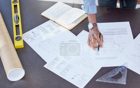 Photo for Hand, man and blueprint for planning in office with pencil for drawing a building design, layout and project as architect. Table, construction and engineering person with idea for renovations. - Royalty Free Image