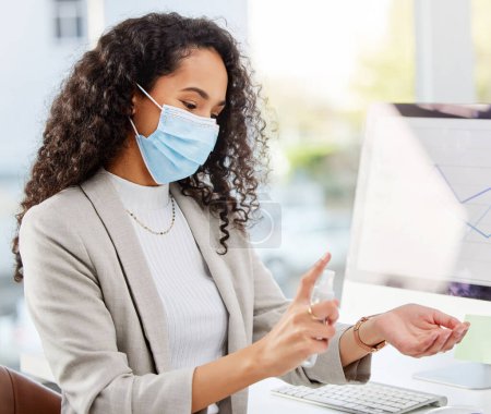 Photo for Business, woman and hand with sanitiser in office for protection or safety of germs, disease and virus from spreading. Female person, health and spray with mask for cleaning or hygiene from pandemic. - Royalty Free Image