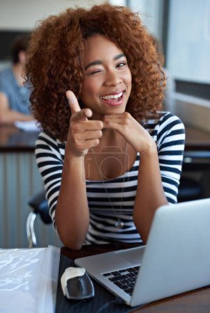 Photo for Portrait, happy and black woman pointing with laptop in office, workspace and confident in creative career. Female person, internship and journalist for magazine, newspaper and online publication. - Royalty Free Image