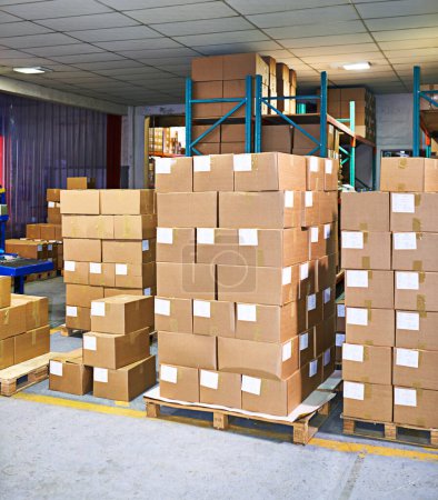 Box, Produkt und Fabrik für E-Commerce, Lieferung und Logistik für Einzelhandel, Versand und Paket. Lieferkette, Lager oder Industrie mit Karton und Fertigung für Lager, Service und Lagerung.