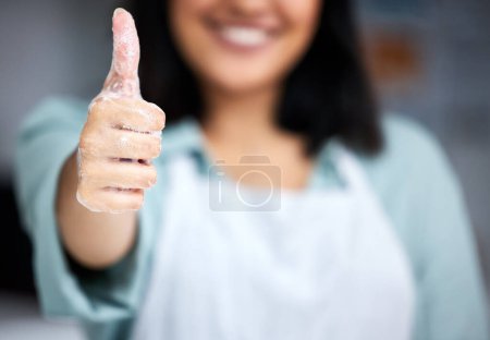 Photo for Woman, hand or thumbs up for cleaning good job or maintenance for protection, bacteria or safety. Smile, soap or female housekeeper showing satisfaction, ok sign or emoji for great service or thanks. - Royalty Free Image