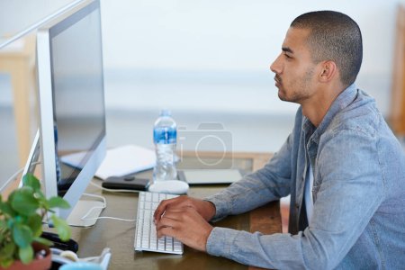 Photo for Business man, reading and planning on computer for creative project, research and online editing or copywriting. Professional editor, writer or young person typing on desktop for website and startup. - Royalty Free Image