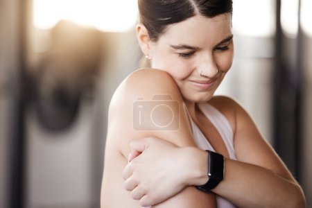 Photo for Arm pain, stress and fitness woman at gym with anatomy, risk or emergency after training, exercise or cardio. Shoulder, injury and athlete with joint inflammation from body, workout or challenge. - Royalty Free Image