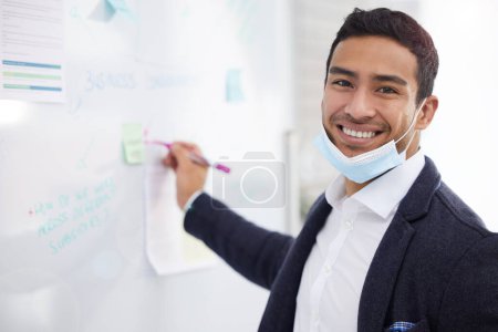 Photo for Office, Asian man and smile with whiteboard on portrait for strategy, planning and sticky notes for project management . Business, employee and ideas with statistics, review and report for company. - Royalty Free Image