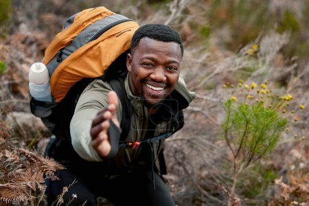 Photo for Man, hiking and portrait asking for help with hand out for rescue, support and climbing mountain. Black person, assistance and adventure in nature for exercise, travel or trekking wilderness. - Royalty Free Image