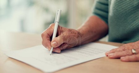 Hands, paper or person with contract to sign on application or documents for will, life insurance or divorce info. Writing, closeup or pen with signature for compliance, form or title deed agreement.