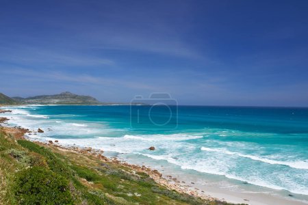 Photo for Mountain, ocean and landscape of beach in Hawaii for tropical holiday, vacation and travel destination. Nature, island and sea, waves and water in summer weekend for location, background and horizon. - Royalty Free Image