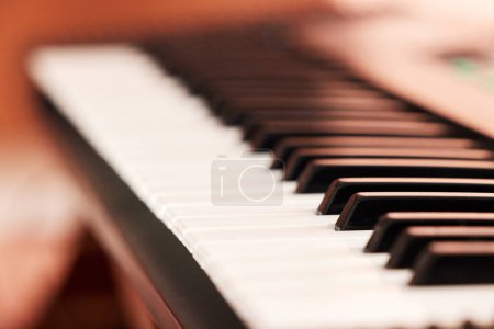 Photo for Piano keys, music instrument and closeup for musician, concert and acoustic. Art, jazz and classical melody for creative talent and play, performance and sound from keyboard and musical entertainment. - Royalty Free Image
