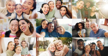 Téléchargez les photos : Groupe de personnes, diversité et collage avec selfie ou sourire pour s'amuser avec rire, parler ou heureux. Communauté, femme plus âgée et multi écran pour la connexion ou la communication avec multiracial ou social. - en image libre de droit
