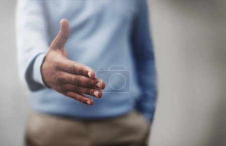 Photo for Handshake, welcome and businessman stretching hand for agreement, collaboration or deal. Career, partnership and professional male hr manager with greeting gesture for onboarding or recruitment - Royalty Free Image