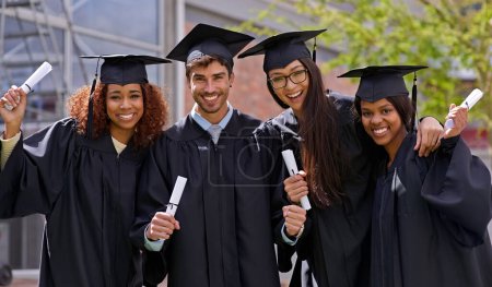 Photo for Portrait, university and students with graduation, degree and achievement with success, ceremony or certificate. Knowledge, group or people with education or future with friends, smile or celebration. - Royalty Free Image