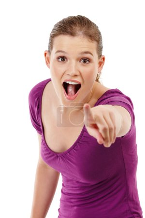 Photo for Woman, portrait and pointing for shock in studio, option and selection on white background. Happy female person, direction and surprise for opportunity or decision, gesture and promotion for offer. - Royalty Free Image