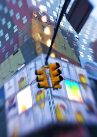 Blur, abstract and stoplight in city with speed, night time and billboard with electricity. Traffic light, urban road and moving for advertising with motion, lights and building in New York City.