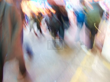 Photo for People, walking and crowd with motion blur at night of busy street or road in New York City. Group, community or pedestrians moving in late evening, town square or urban area with lights in nightlife. - Royalty Free Image