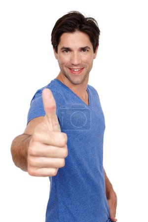 Photo for Man, studio and portrait with thumbs up for fashion with casual outfit, smiling and proud with confidence. Male person, happy and white background with informal style for thank you with pride. - Royalty Free Image