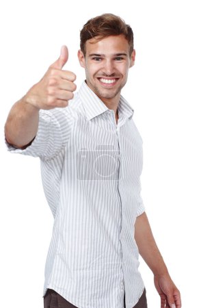Photo for Portrait, man with thumbs up support in studio for feedback, review or agreement on white background. Success, face and model with OK hand emoji vote for service excellence, thank you or motivation. - Royalty Free Image