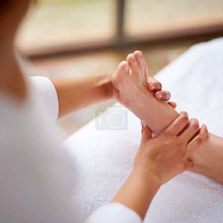 Photo for Foot, hands and massage closeup with spa for treatment, beauty and skincare at luxury resort for wellness. Pedicure, cosmetics and people for physical therapy with healing for self care and relief. - Royalty Free Image