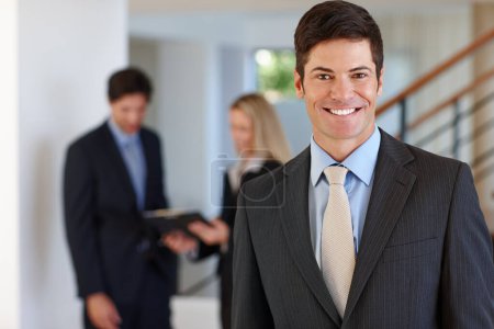 Photo for Professional, man and happy portrait of financial advisor in company with confidence for consultation. Corporate, businessman and excited by knowledge on economy and working with clients in office. - Royalty Free Image