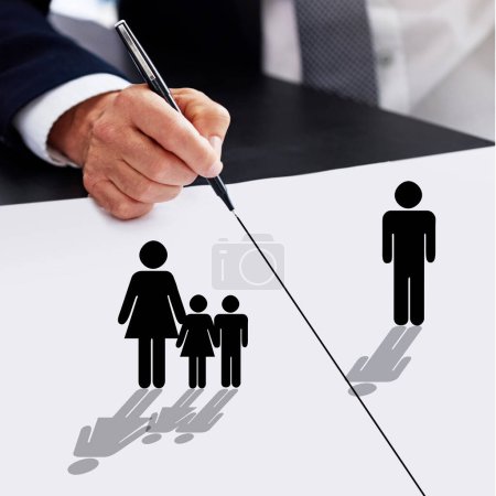 Photo for Hands, lawyer and drawing on paper for divorce, separation and breakup of family with illustration icons. Judge, legal and attorney on document with pen for line, custody or father lose children. - Royalty Free Image