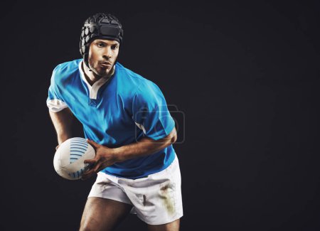 Photo for Black background, rugby and man in action with ball for training, workout and competition for sports with mockup space. Studio, male person or professional athlete and exercise for football game - Royalty Free Image