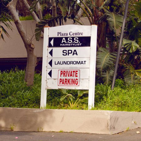 Photo for Private parking, building and sign with mall information, notification and message on property. Signage, symbol and store names on poster, board or attention for warning, direction or advertising. - Royalty Free Image
