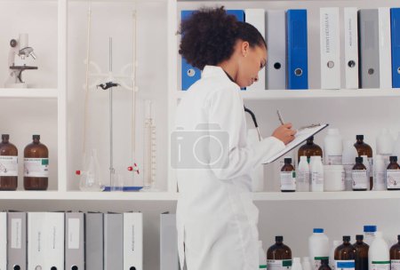Photo for Woman, scientist and clipboard for report at lab for notes, stock taking for experiment. Science, biologist and confident with career, job growth and opportunity for project, research and medical. - Royalty Free Image