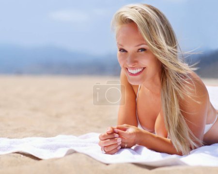 Photo for Summer, vacation and woman in bikini, relax and smile for peace in break and holiday for leisure. Adult, girl and female person in Brazil for happiness, tropical and sunshine on body and outdoor. - Royalty Free Image