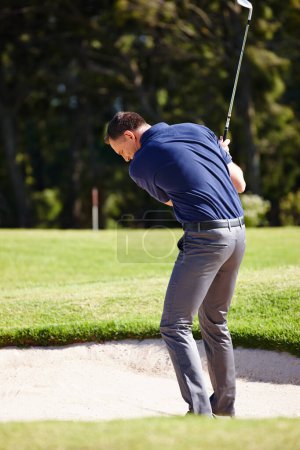 Photo for Man, golf and club for sports and swing for fitness, practice and hobby in summer outdoor. Golfer or mature male with equipment on field for game challenge, recreation and workout in bunker on trip. - Royalty Free Image