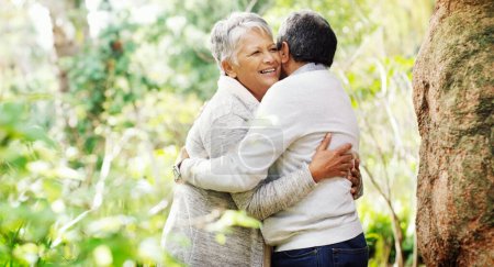 Photo for Senior couple, happy and hug in park by trees with love, care or connection on vacation in summer. Elderly woman, old man and embrace in nature with smile for sunshine, relax or holiday in retirement. - Royalty Free Image