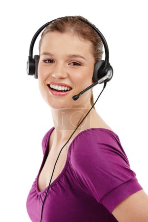 Photo for Call center, portrait and woman consulting in studio for customer support, crm or faq on white background. Contact us, telemarketing and lead generation consultant with friendly virtual assistance. - Royalty Free Image