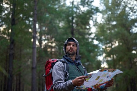 Photo for Search, forest and man with map for direction to camp in woods and thinking of adventure navigation. Confused, travel and lost in nature trekking with backpack and plan to location on hiking journey. - Royalty Free Image