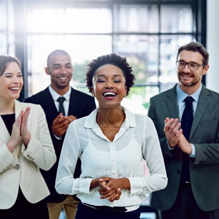 Clapping hands, portrait and business woman with team in office for good news, achievement or goal. Affirmative action, gratitude and financial advisors with applause for empowerment with person