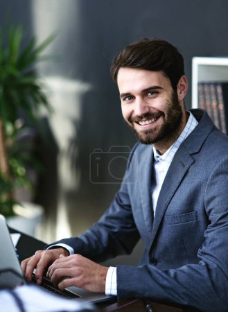 Photo for Man, portrait and lawyer with laptop for legal advice, research or corporate attorney at office. Businessman, consultant or advisor with smile on computer for case or project at law firm or workplace. - Royalty Free Image