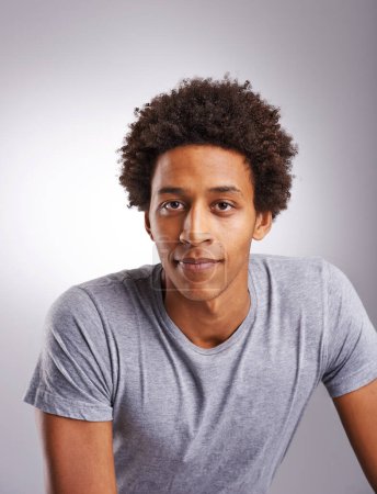 Photo for Portrait, black man or afro of hair care, grooming or skincare as facial, wellness or dermatology. Glow, male person or confident of styling, cosmetology or satisfaction on mock up grey background. - Royalty Free Image