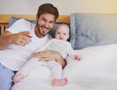 Photo for Family, bedroom and portrait of father with baby for bonding, relationship and love for parenting. Happy, home and dad relax with newborn infant for child development, support and care in house. - Royalty Free Image