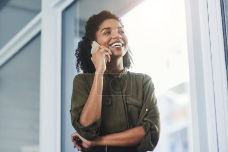 Photo for Phone call, happy and business black woman by window for online conversation, contact and talking. Corporate consultant, office and worker on smartphone for communication, b2b network or connection. - Royalty Free Image
