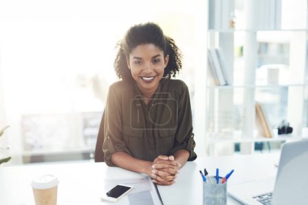 Téléchargez les photos : Happy, portrait and black woman with confidence for business advice, finance or insurance at office. Female person, accountant or financial advisor with smile for budget report or review at workplace. - en image libre de droit