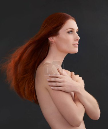 Photo for Body, redhead and hair with naked woman in studio for beauty, wellness or color, shampoo or results on black background. Haircare, ginger or model with growth, pride or glowing skin cosmetics. - Royalty Free Image