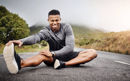 Photo for Man, fitness and stretching legs on road in portrait with muscle preparation for workout or training. Smile, runner and wellness for mindset with happiness, energy and cardio for marathon in nature. - Royalty Free Image