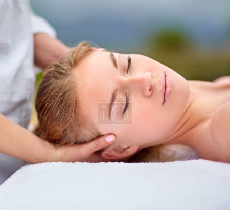 Téléchargez les photos : Woman, spa and relax with head massage with stress relief for comfort with closeup or health. Zen, calm and resting with masseuse hands for wellbeing on holiday at sha wellness clinic Spain for bliss. - en image libre de droit