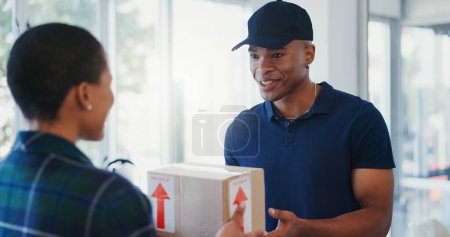 Photo for Black man, package and smile for delivery at office with customer or client order in box, parcel and courier. People, happy and certified as employee with service at postal address or workplace. - Royalty Free Image