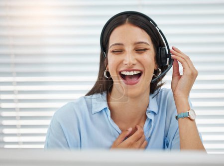 Photo for Computer, funny joke or woman consultant in call center talking or networking online in telecom business. Laughing, happy or virtual assistant in communication or conversation at customer services. - Royalty Free Image