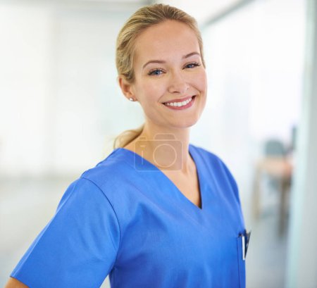 Photo for Portrait, healthcare and happy woman nurse in hospital for help, internship or friendly service. Health, face and female medical student at a clinic for emergency assistance, treatment or surgery. - Royalty Free Image