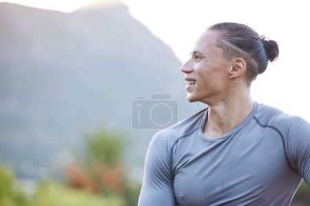 Photo for Fitness, man and thinking outdoor on break from workout, sport training and exercise in nature. Laugh, bodybuilder and confidence from health and wellness in Brazil with relax athlete by mountain. - Royalty Free Image
