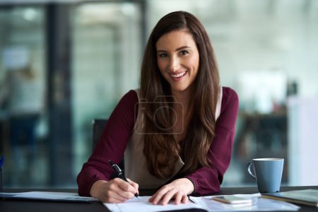 Photo for Contract, writing and portrait of business woman in office with pen for job promotion, onboarding or recruitment. Paperwork, career and female financial advisor with signature for insurance document - Royalty Free Image