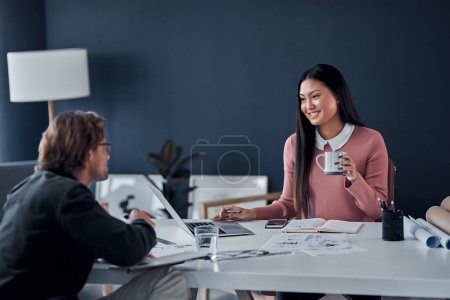 Photo for Architecture, meeting and business people with laptop, teamwork and creative ideas in building development. Partnership, man and happy woman architect with computer, collaboration or advice in office. - Royalty Free Image